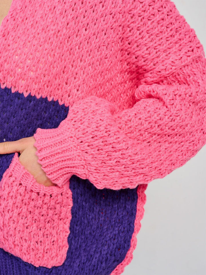 WOMEN'S LONG SLEEVE OPEN FRONT POCKETS COLORBLOCK KNIT CARDIGAN