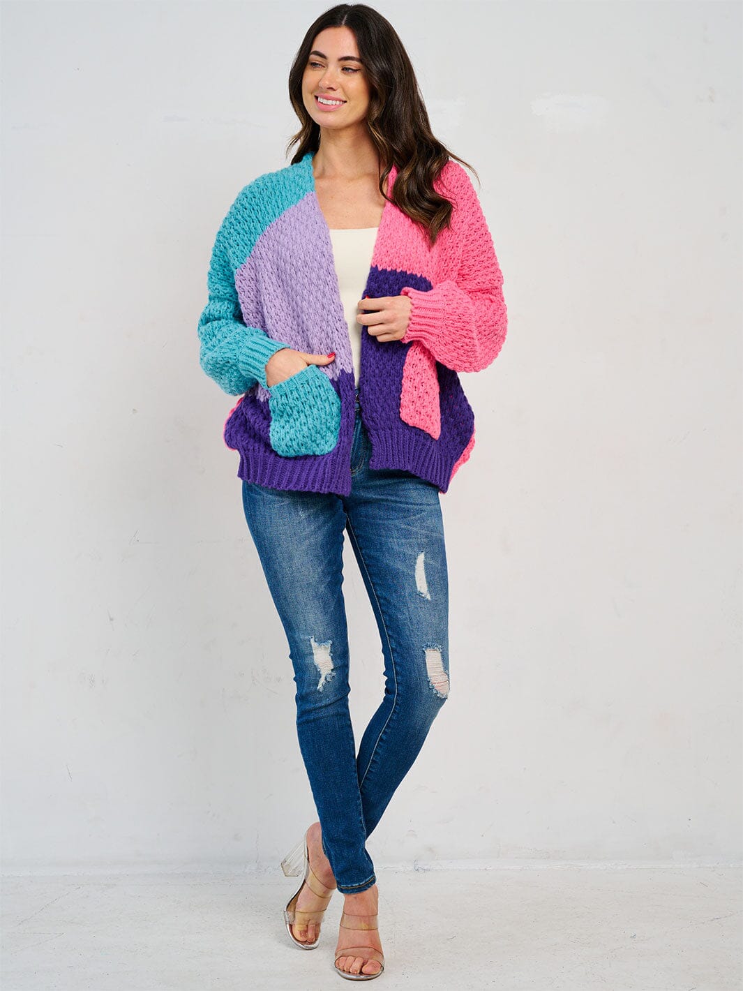 WOMEN'S LONG SLEEVE OPEN FRONT POCKETS COLORBLOCK KNIT CARDIGAN