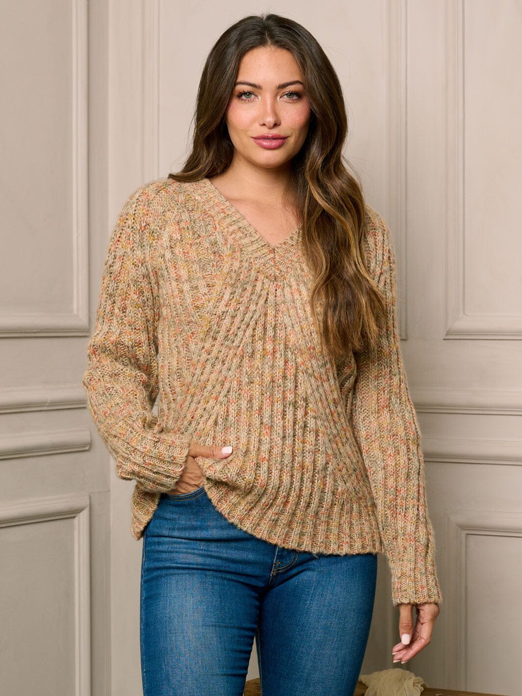 WOMEN'S LONG SLEEVE V-NECK MULTI KNIT SWEATER