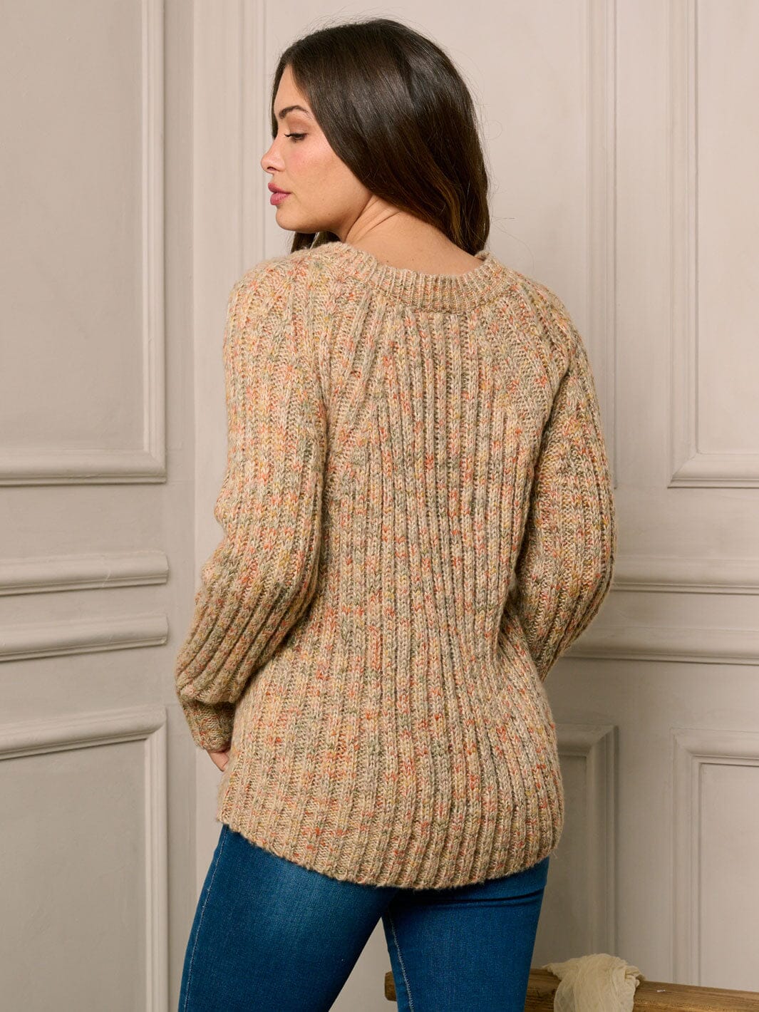 WOMEN'S LONG SLEEVE V-NECK MULTI KNIT SWEATER