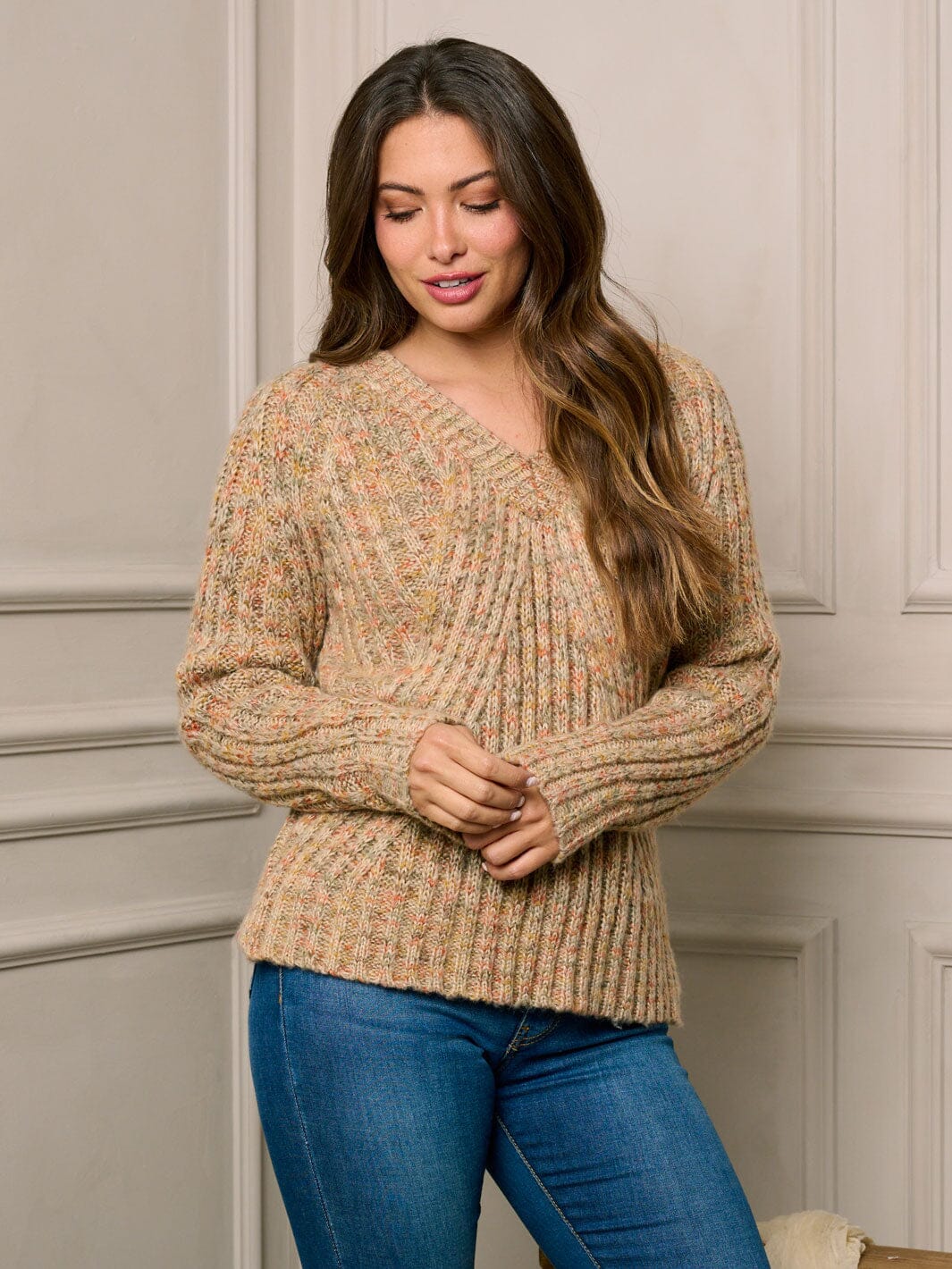 WOMEN'S LONG SLEEVE V-NECK MULTI KNIT SWEATER