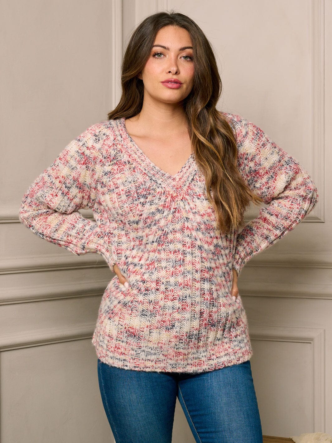 WOMEN'S LONG SLEEVE V-NECK MULTI KNIT SWEATER