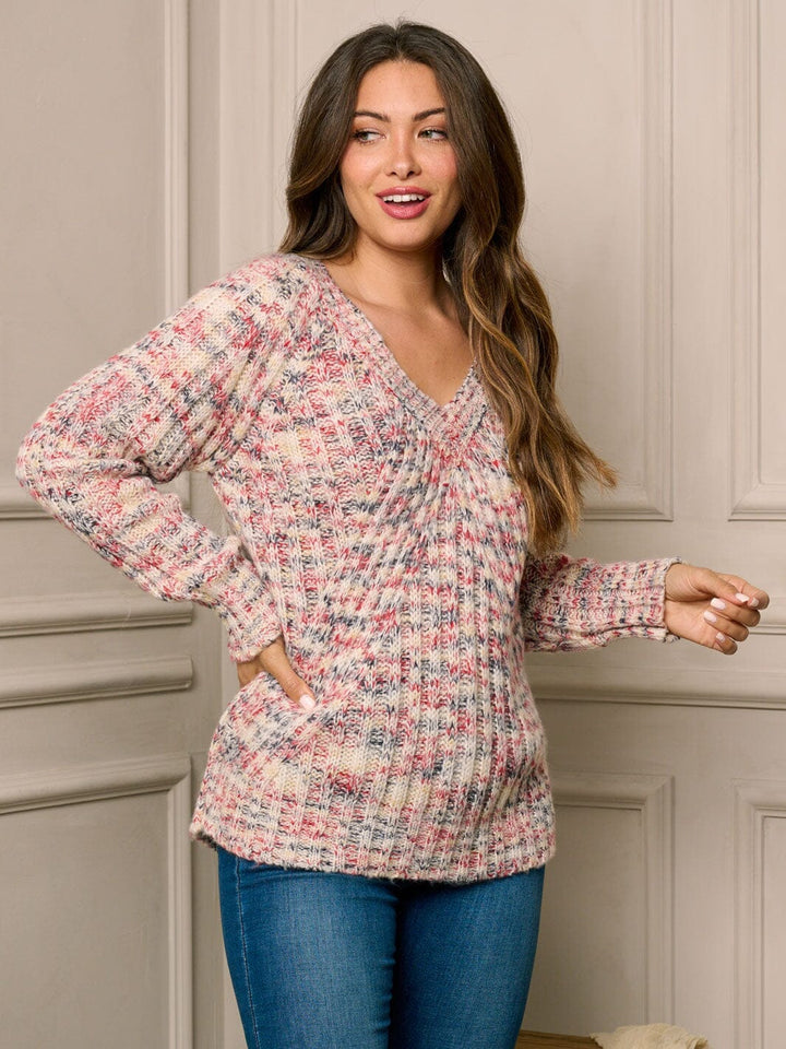 WOMEN'S LONG SLEEVE V-NECK MULTI KNIT SWEATER