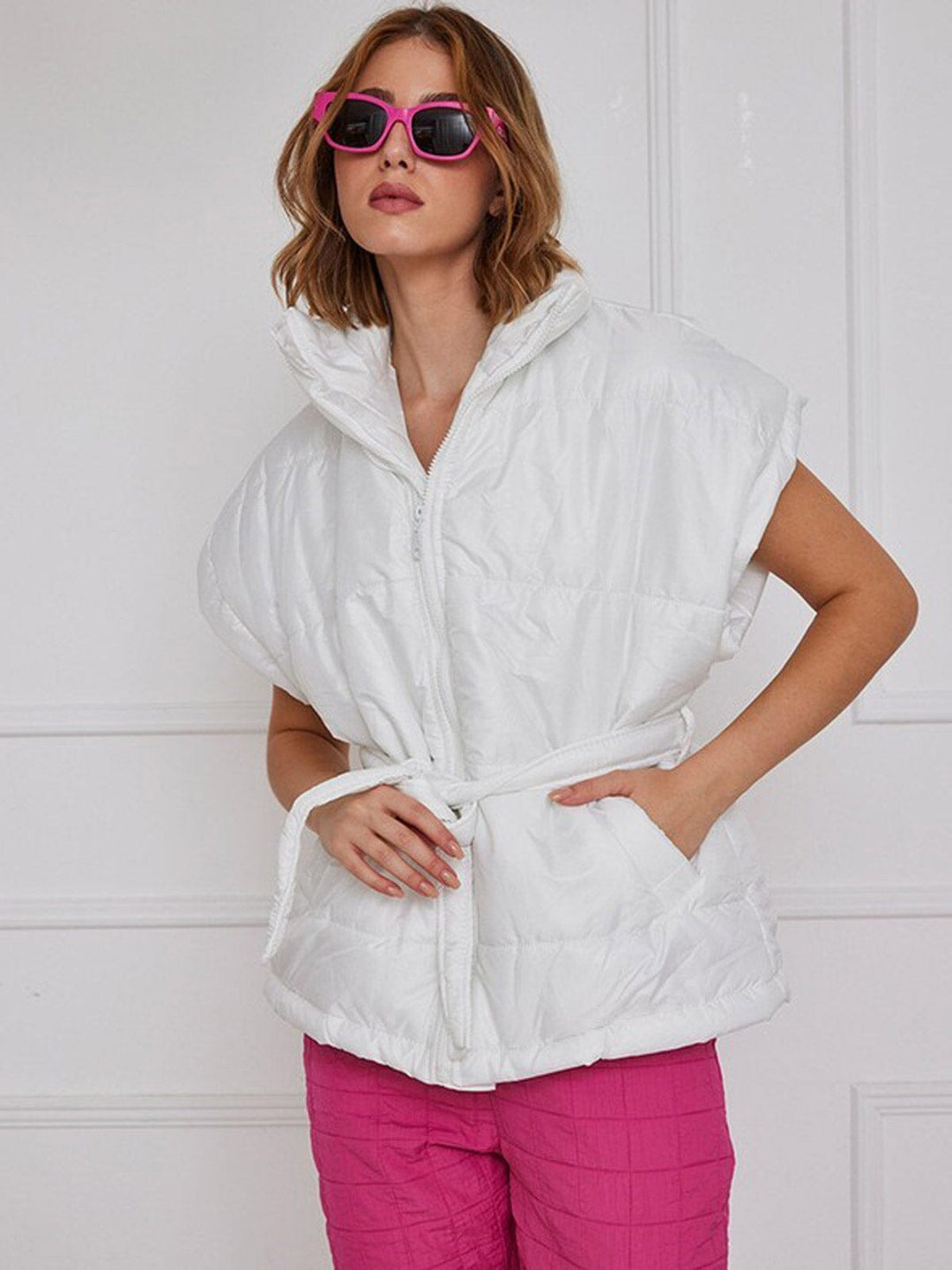 WOMEN'S ZIP UP SELF TIE FRONT POCKETS PUFFER VEST