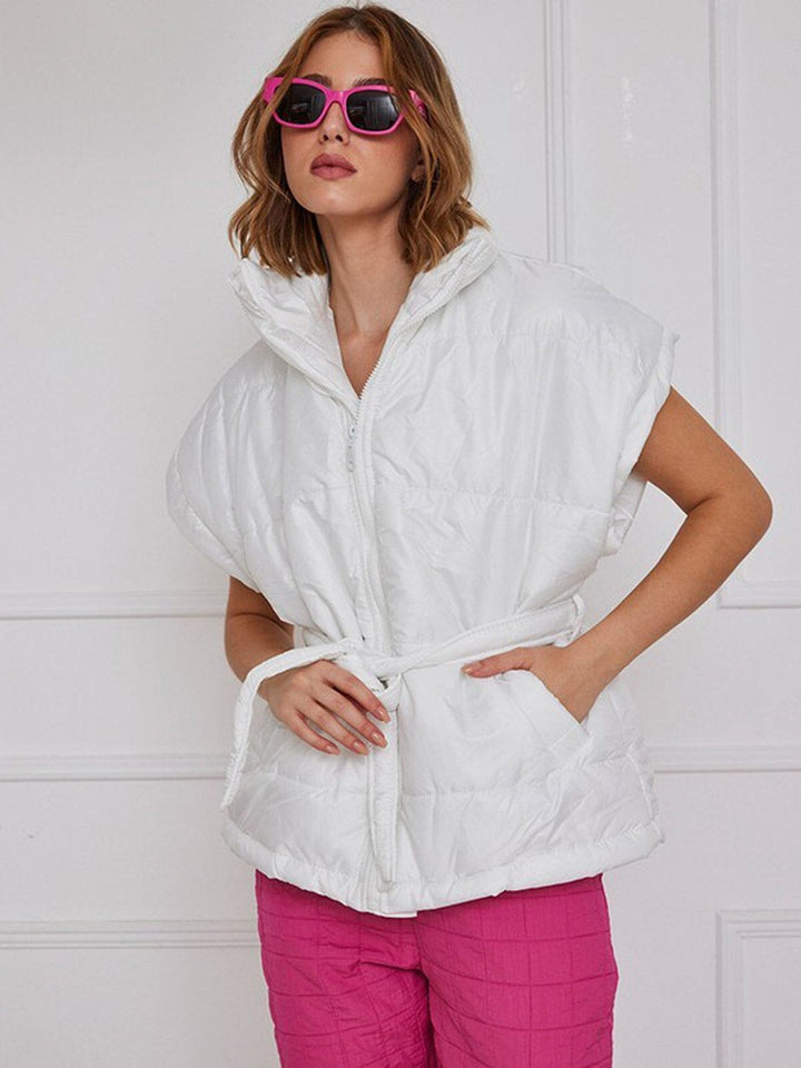 WOMEN'S ZIP UP SELF TIE FRONT POCKETS PUFFER VEST