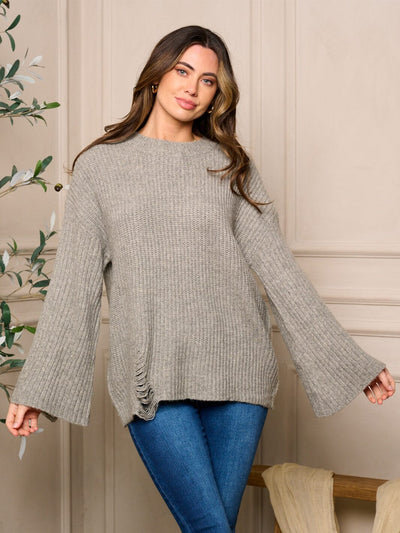 WOMEN'S LONG BELL SLEEVE DISTRESS DETAILED SWEATER
