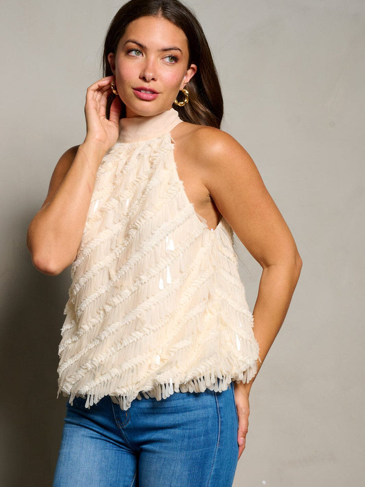 WOMEN'S SLEEVELESS HALTER NECK TASSEL DETAILED BLOUSE TOP