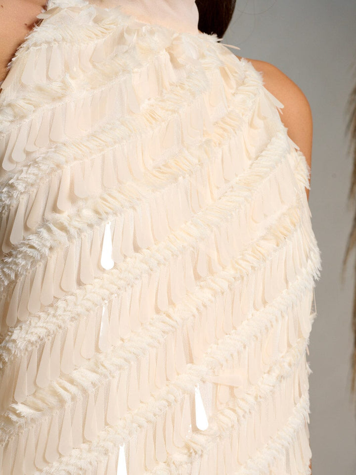 WOMEN'S SLEEVELESS HALTER NECK TASSEL DETAILED BLOUSE TOP