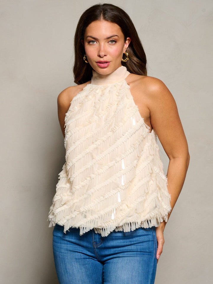 WOMEN'S SLEEVELESS HALTER NECK TASSEL DETAILED BLOUSE TOP