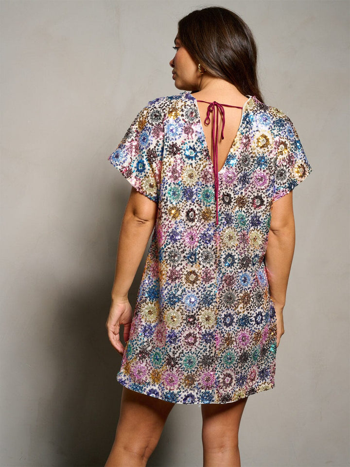 WOMEN'S SHORT SLEEVE V-NECK SEQUINS MINI DRESS