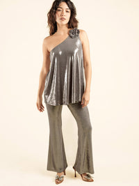 WOMEN'S ONE SHOULDER TOP & WIDE LEG PANTS SHIMMER 2PC. SET