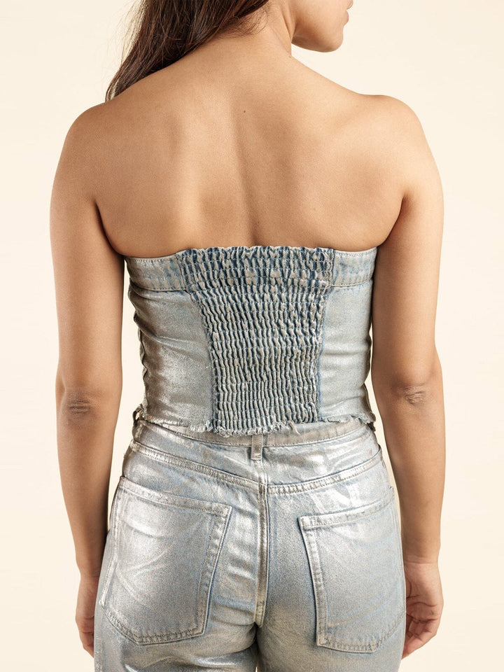 WOMEN'S SLEEVELESS SMOCK BUTTON UP SHIMMER DENIM TOP