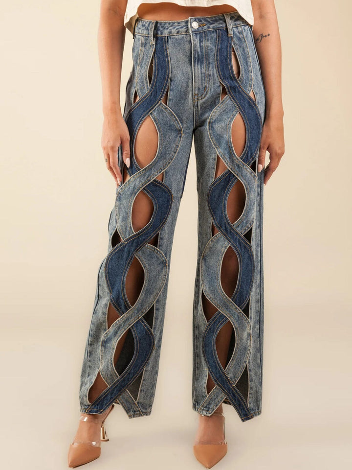 WOMEN'S BUTTON CLOSURE CUT OUT DETAILED DENIM PANTS