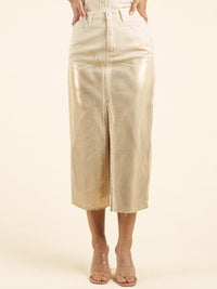 WOMEN'S BUTTON CLOSURE POCKETS SHIMMER DENIM MIDI SKIRT