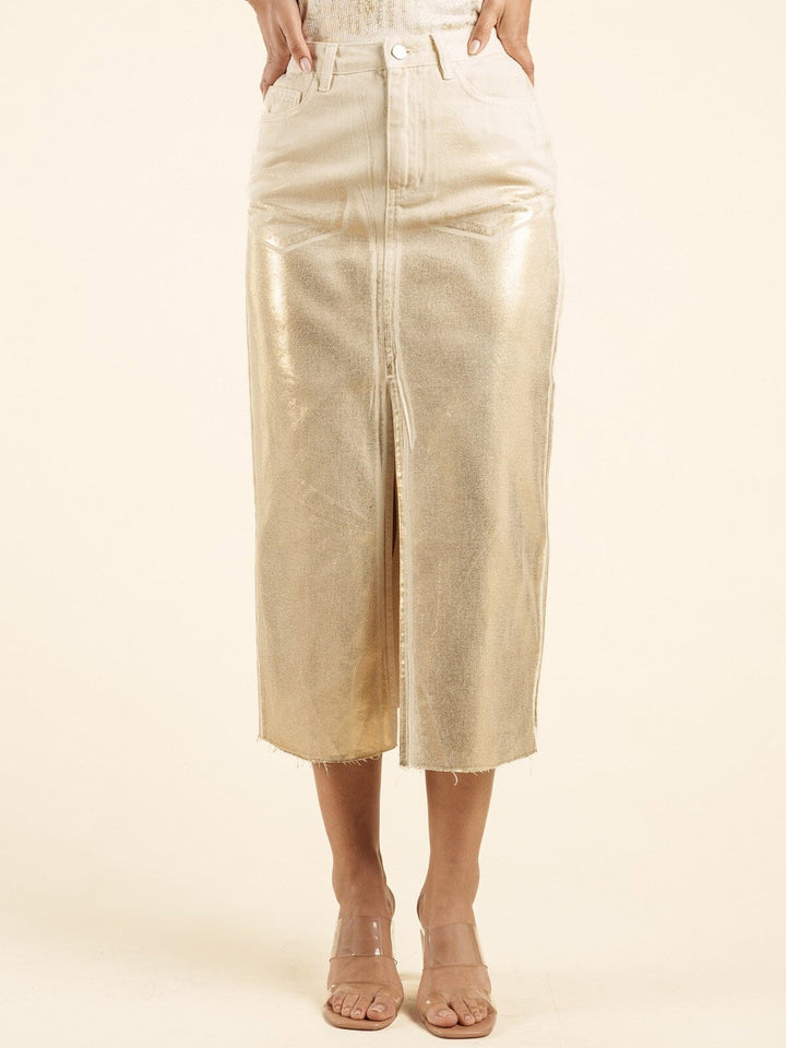 WOMEN'S BUTTON CLOSURE POCKETS SHIMMER DENIM MIDI SKIRT