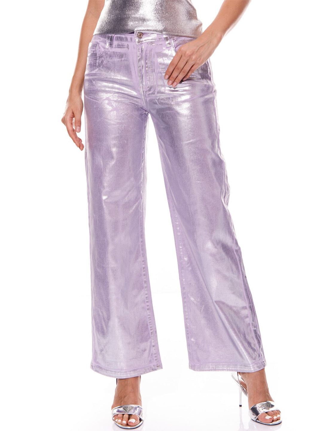WOMEN'S BUTTON CLOSURE POCKETS METALLIC WIDE LEG PANTS