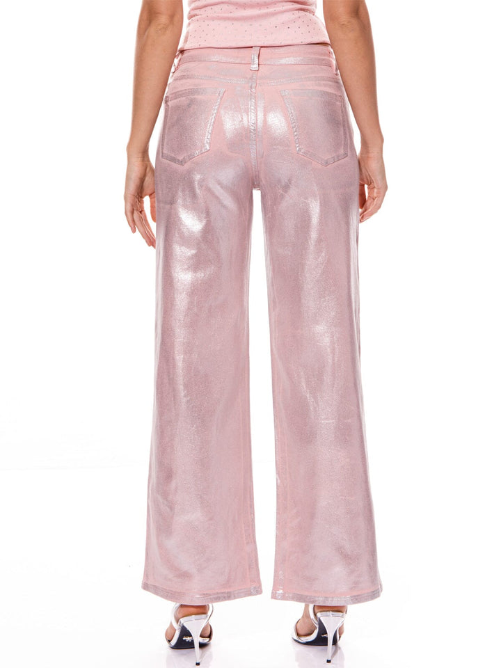 WOMEN'S BUTTON CLOSURE POCKETS METALLIC WIDE LEG PANTS
