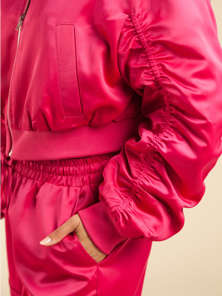 WOMEN'S LONG RUCHED SLEEVES POCKETS ZIP UP JACKET