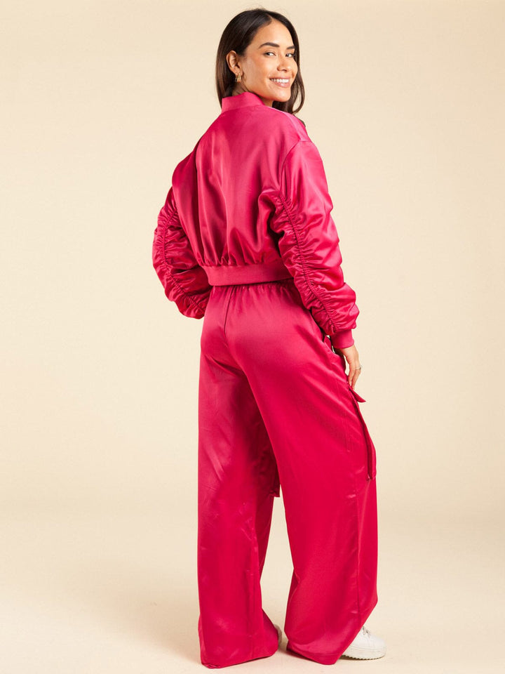 WOMEN'S LONG RUCHED SLEEVES POCKETS ZIP UP JACKET