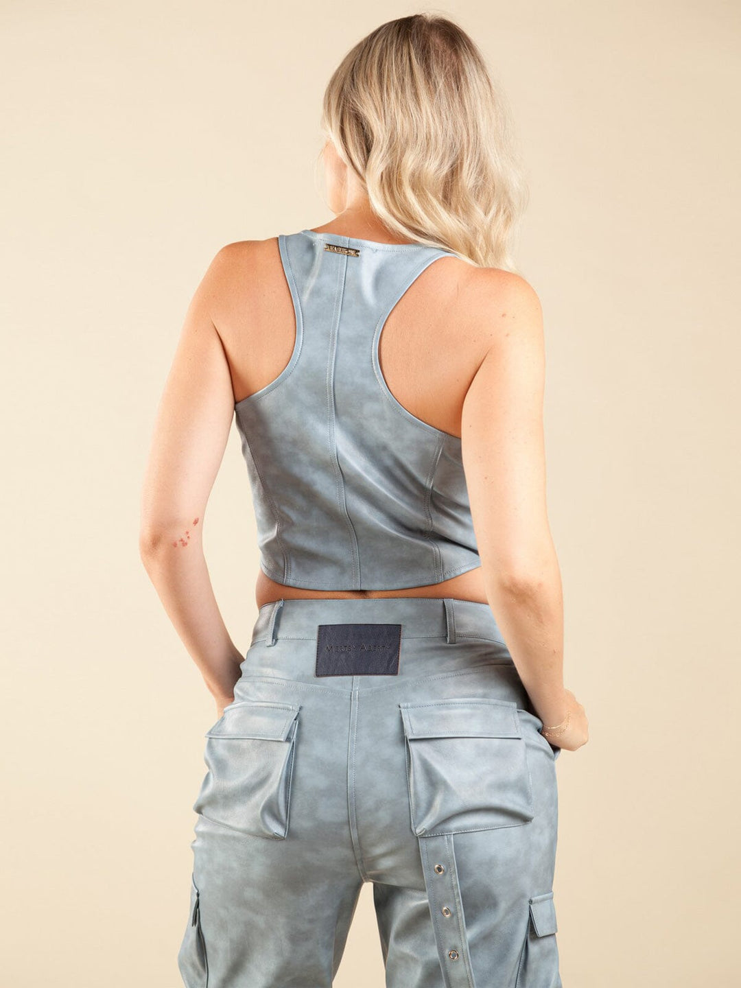 WOMEN'S SLEEVELESS ZIP UP PU PLEATHER TANK TOP