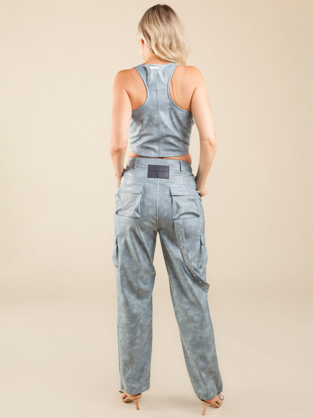 WOMEN'S SLEEVELESS CROP TOP & WIDE LEG PANTS PU PLEATHER 2PC SET