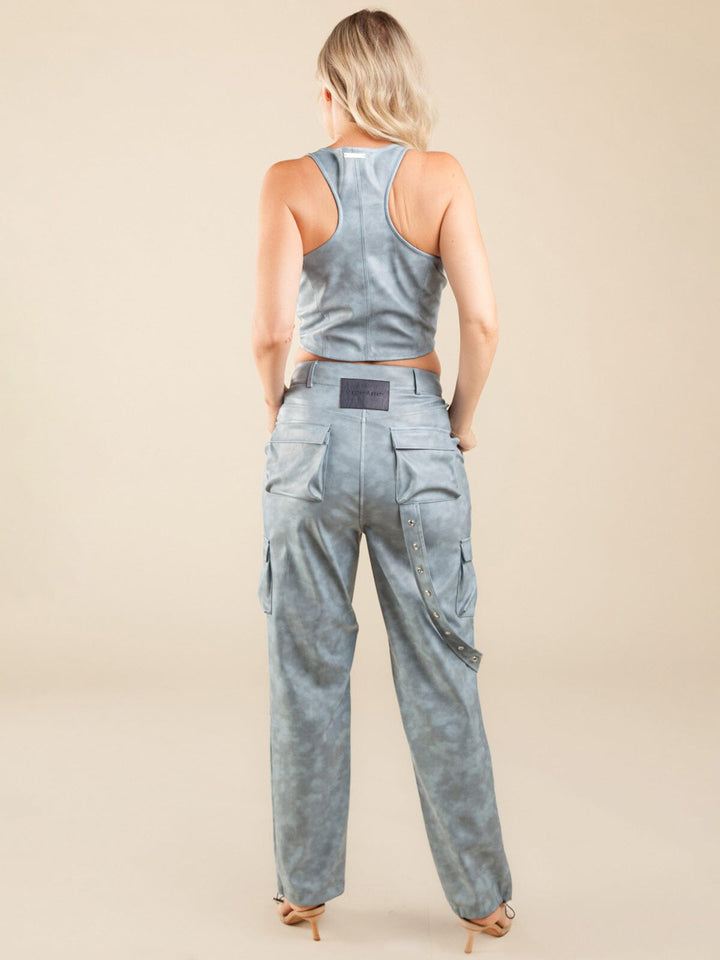 WOMEN'S SLEEVELESS CROP TOP & WIDE LEG PANTS PU PLEATHER 2PC SET