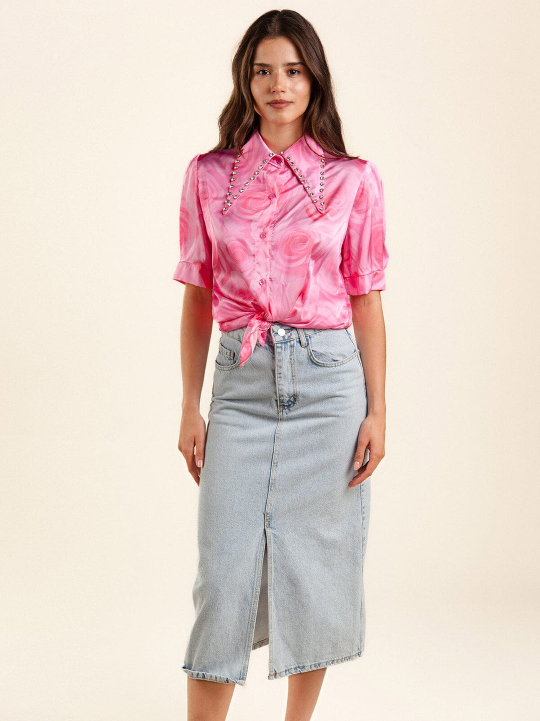 WOMEN'S SHORT SLEEVE BUTTON UP STUDS COLLAR PRINTED BLOUSE TOP