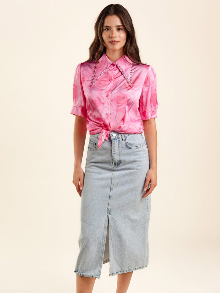 WOMEN'S SHORT SLEEVE BUTTON UP STUDS COLLAR PRINTED BLOUSE TOP