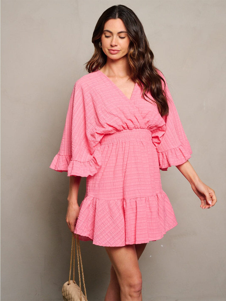 WOMEN'S 3/4 SLEEVE SURPLICE SMOCK WAIST RUFFLE MINI DRESS