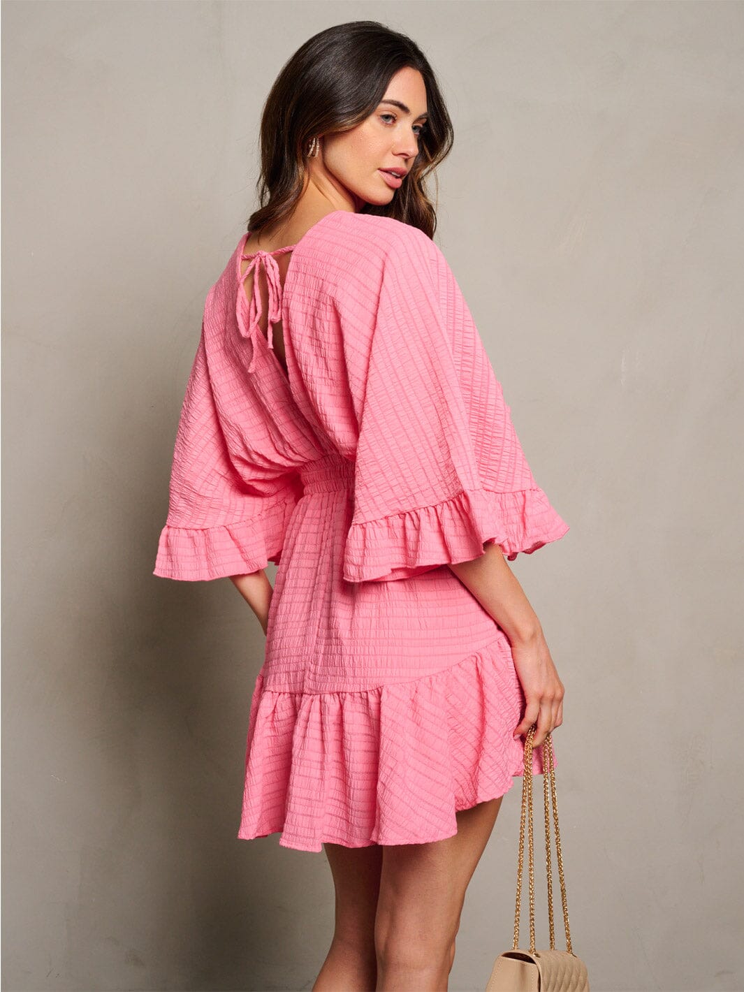 WOMEN'S 3/4 SLEEVE SURPLICE SMOCK WAIST RUFFLE MINI DRESS
