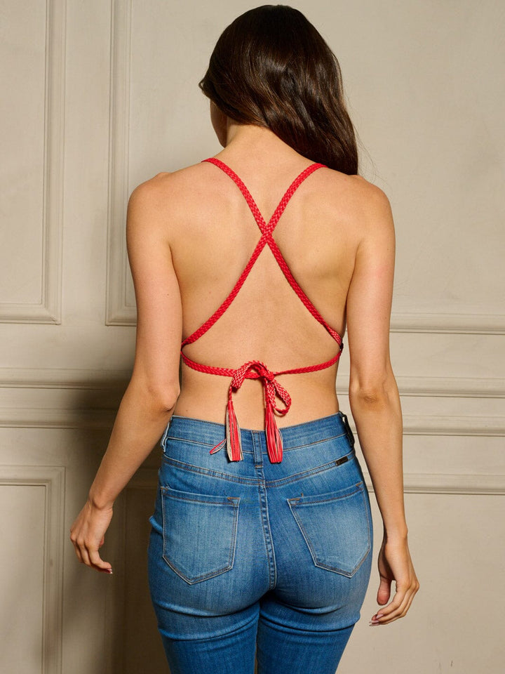 WOMEN'S SLEEVELESS V-NECK FRINGE PU PLEATHER BRALETTE