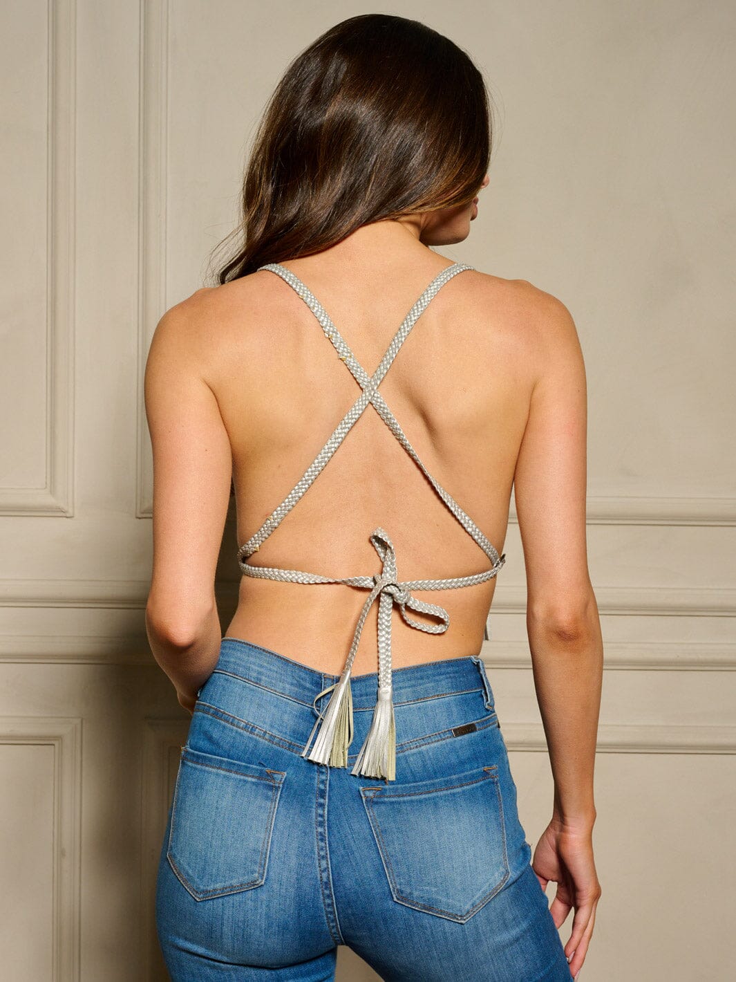 WOMEN'S SLEEVELESS V-NECK FRINGE PU PLEATHER BRALETTE