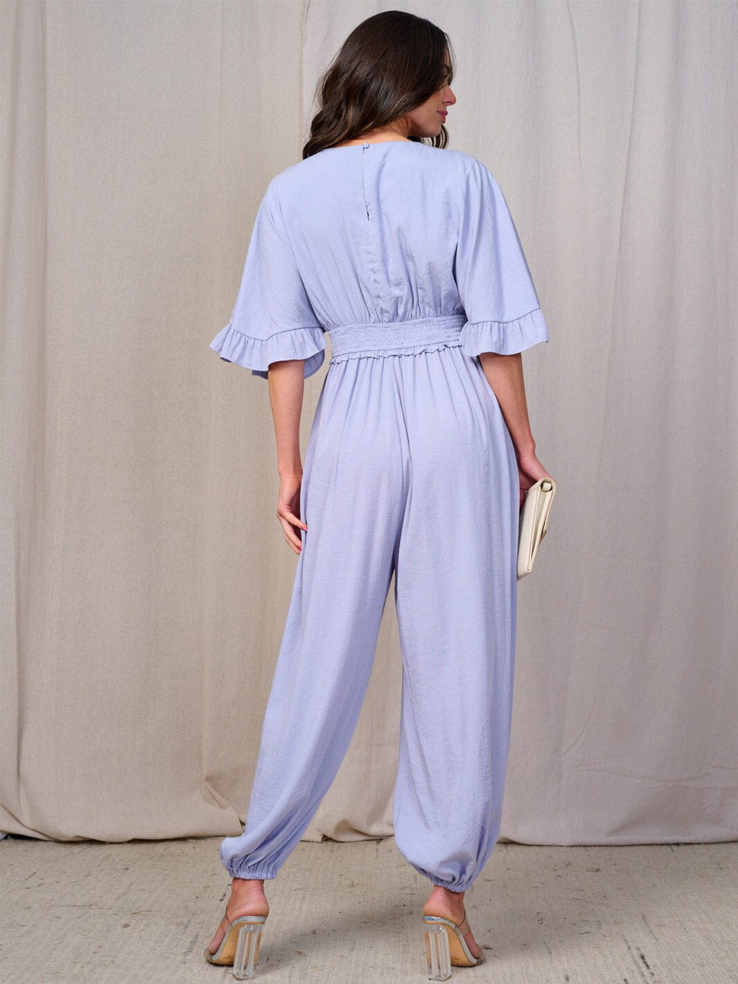 WOMEN'S SHORT SLEEVE SMOCK WAIST SURPLICE JOGGER JUMPSUIT