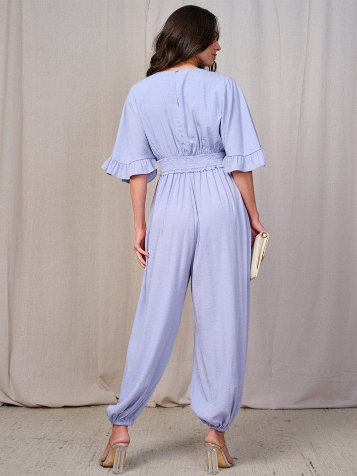 WOMEN'S SHORT SLEEVE SMOCK WAIST SURPLICE JOGGER JUMPSUIT