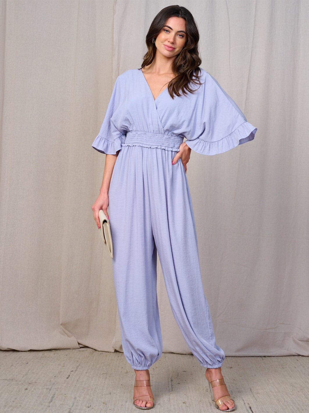 WOMEN'S SHORT SLEEVE SMOCK WAIST SURPLICE JOGGER JUMPSUIT