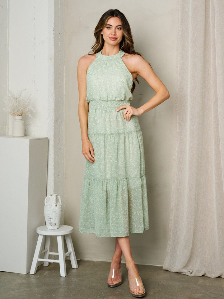 WOMEN'S SLEEVELESS OPEN BACK HALTER NECK POLKA DOT MIDI DRESS