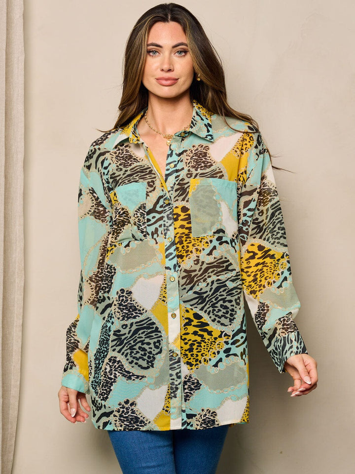 WOMEN'S LONG SLEEVE BUTTON UP FRONT POCKET MULTI PRINT BLOUSE TOP