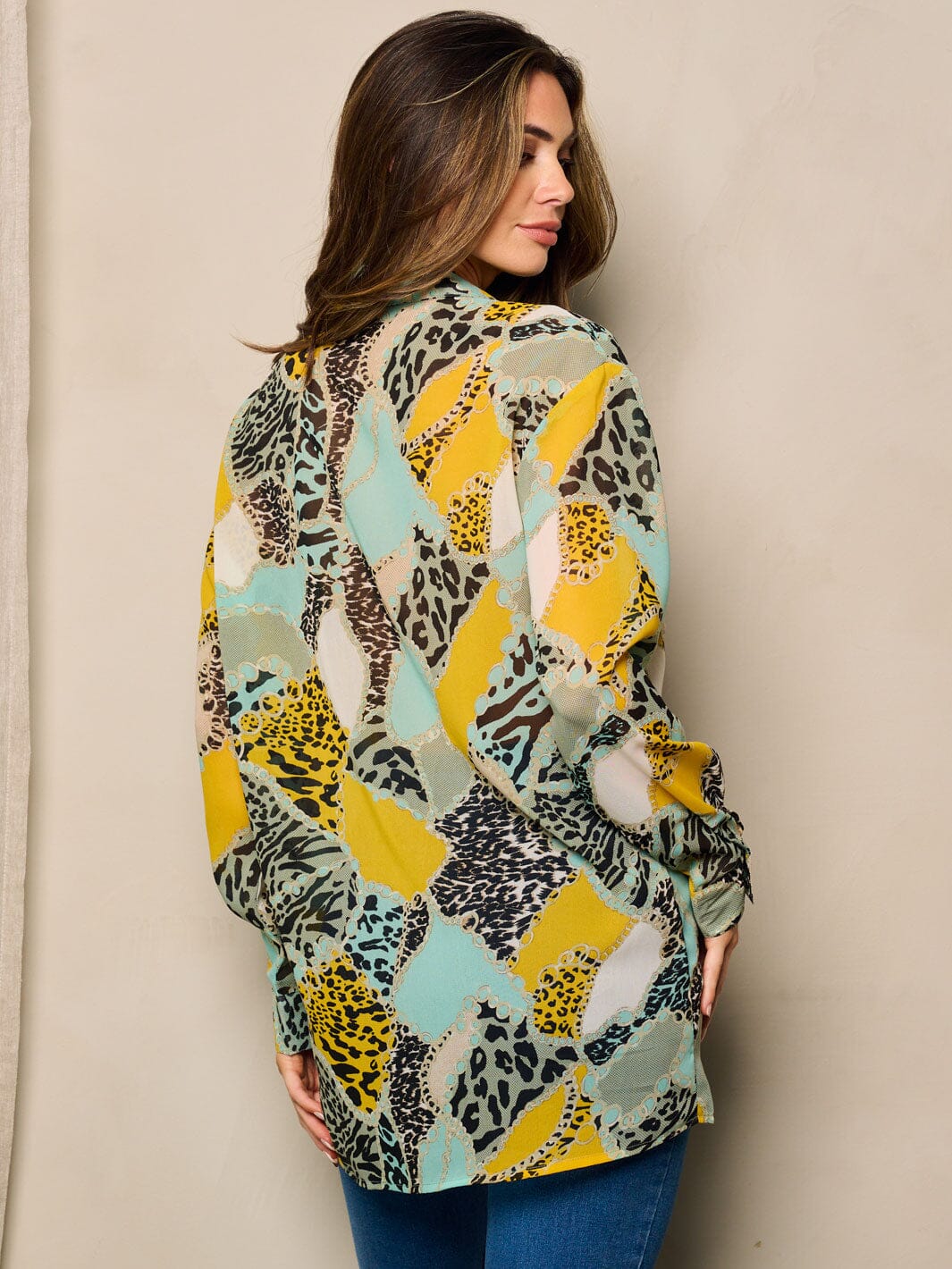 WOMEN'S LONG SLEEVE BUTTON UP FRONT POCKET MULTI PRINT BLOUSE TOP