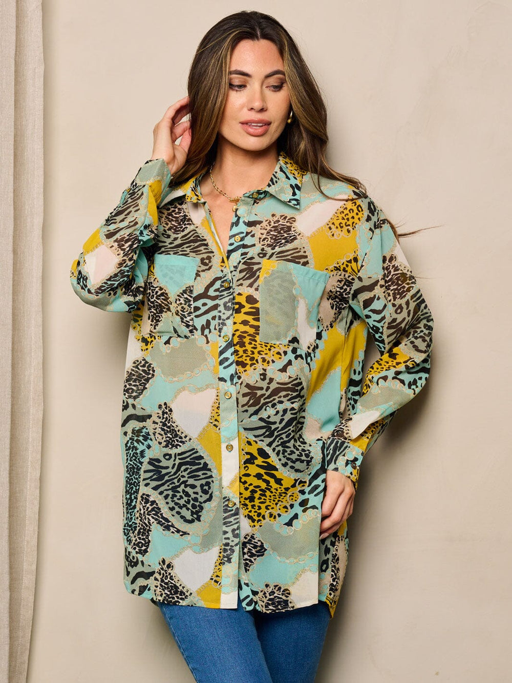 WOMEN'S LONG SLEEVE BUTTON UP FRONT POCKET MULTI PRINT BLOUSE TOP