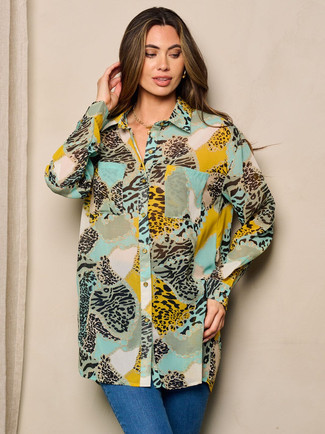 WOMEN'S LONG SLEEVE BUTTON UP FRONT POCKET MULTI PRINT BLOUSE TOP