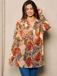 WOMEN'S LONG SLEEVE BUTTON UP FRONT POCKET MULTI PRINT BLOUSE TOP