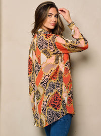 WOMEN'S LONG SLEEVE BUTTON UP FRONT POCKET MULTI PRINT BLOUSE TOP