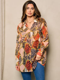 WOMEN'S LONG SLEEVE BUTTON UP FRONT POCKET MULTI PRINT BLOUSE TOP