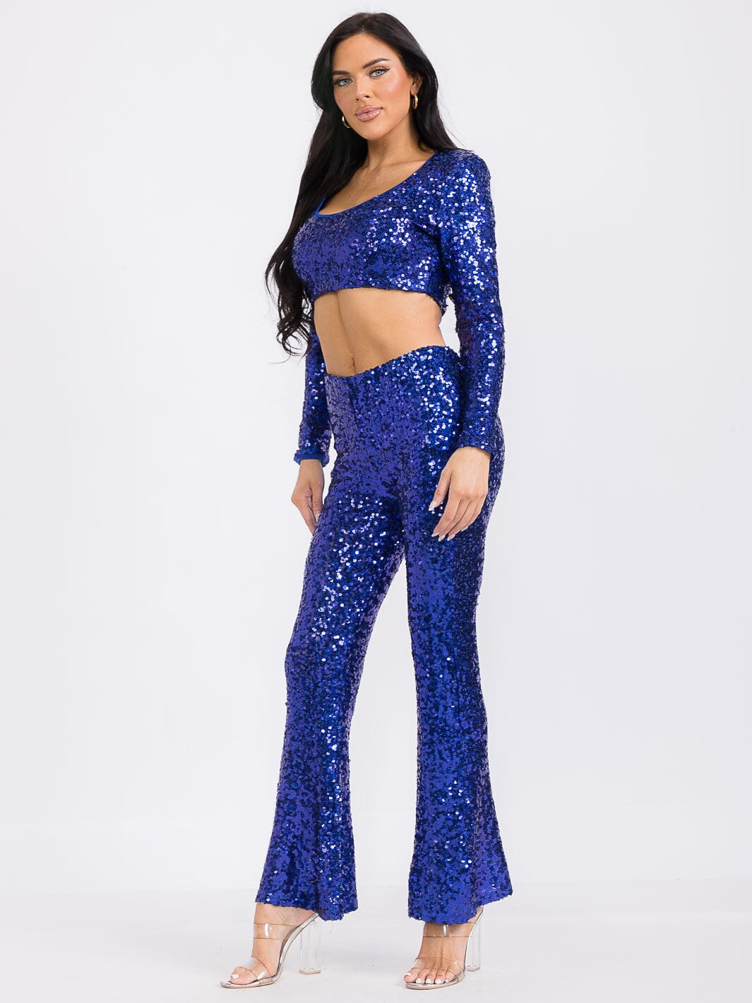 WOMEN'S LONG SLEEVE SEQUINS CROP TOP
