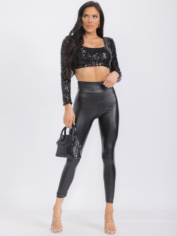 WOMEN'S LONG SLEEVE SEQUINS CROP TOP