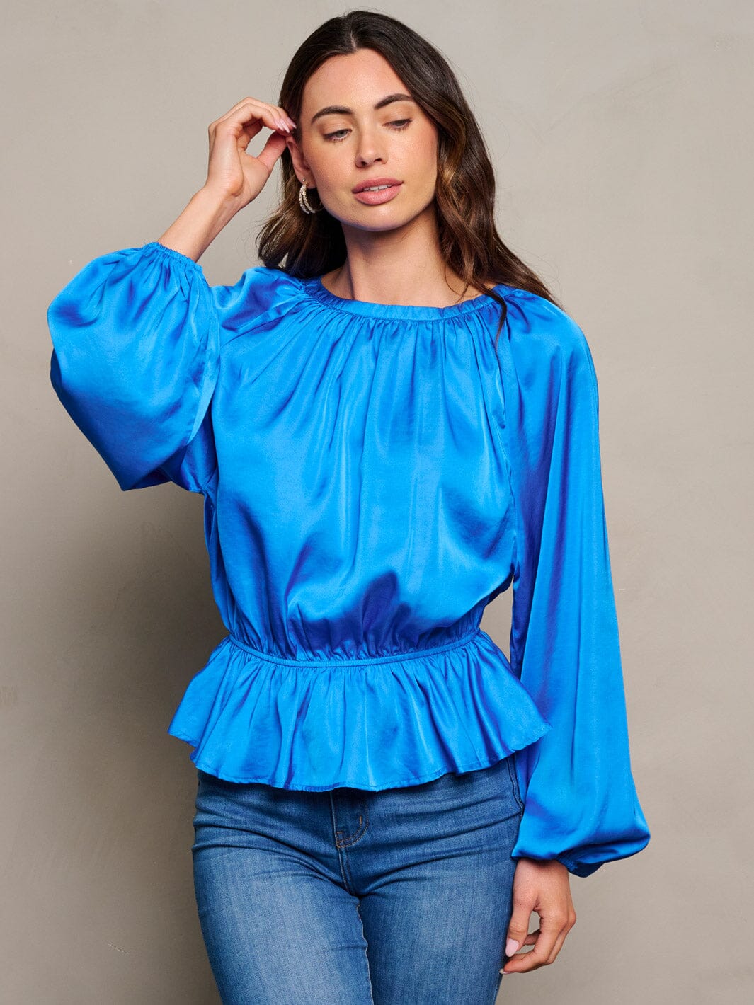 WOMEN'S LONG SLEEVE ELASTIC WAIST PEPLUM RUFFLE BLOUSE TOP