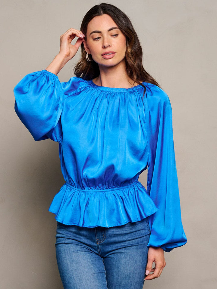WOMEN'S LONG SLEEVE ELASTIC WAIST PEPLUM RUFFLE BLOUSE TOP