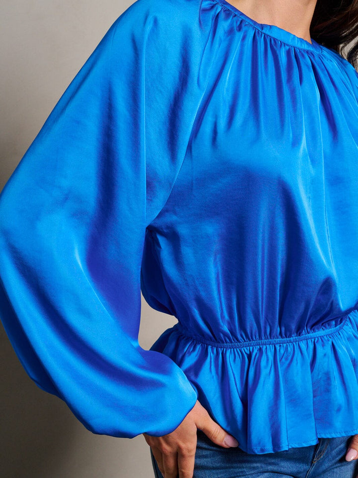 WOMEN'S LONG SLEEVE ELASTIC WAIST PEPLUM RUFFLE BLOUSE TOP