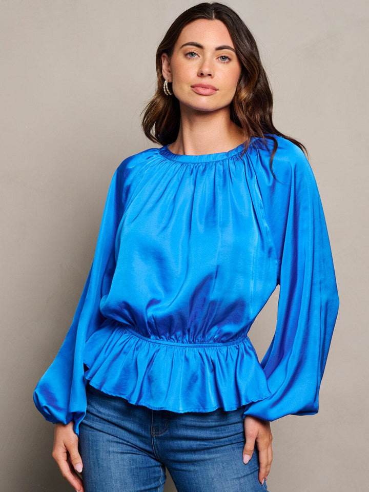 WOMEN'S LONG SLEEVE ELASTIC WAIST PEPLUM RUFFLE BLOUSE TOP