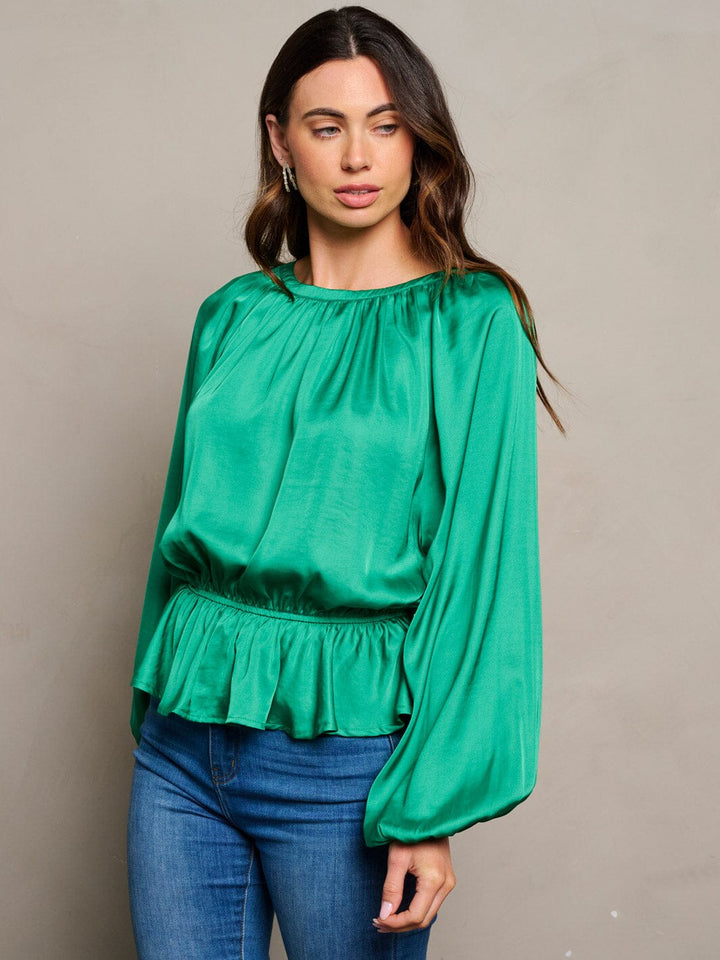 WOMEN'S LONG SLEEVE ELASTIC WAIST PEPLUM RUFFLE BLOUSE TOP